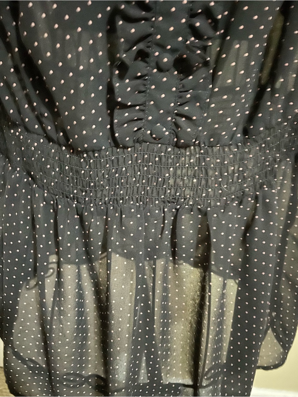 Black Sheer Polka Dot Ruffle Peplum Blouse - Picture 4 of 6